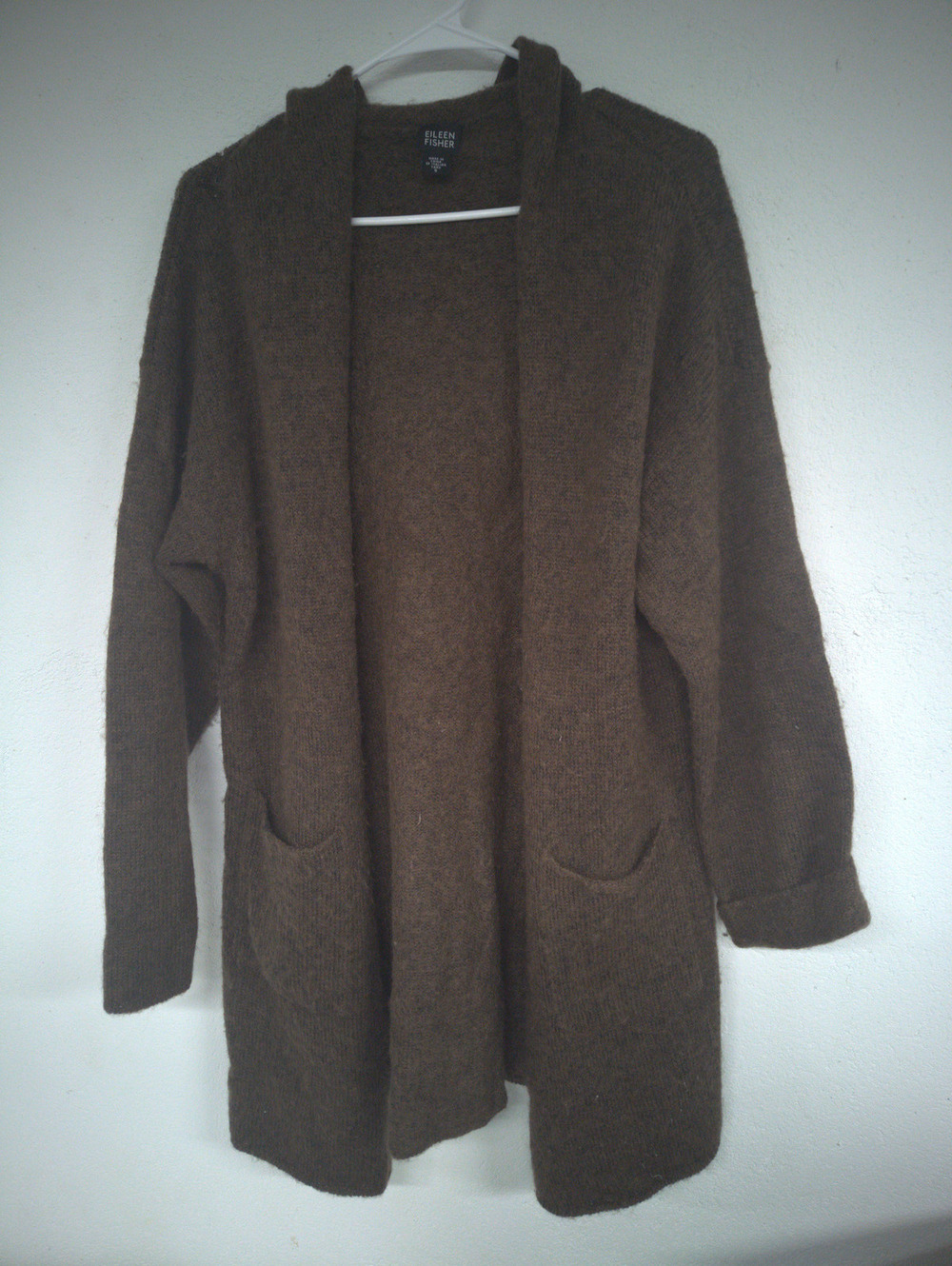 Eileen Fisher Womens S Wool Mohair Open Front Cardigan Brown Italian Yarn Flaws